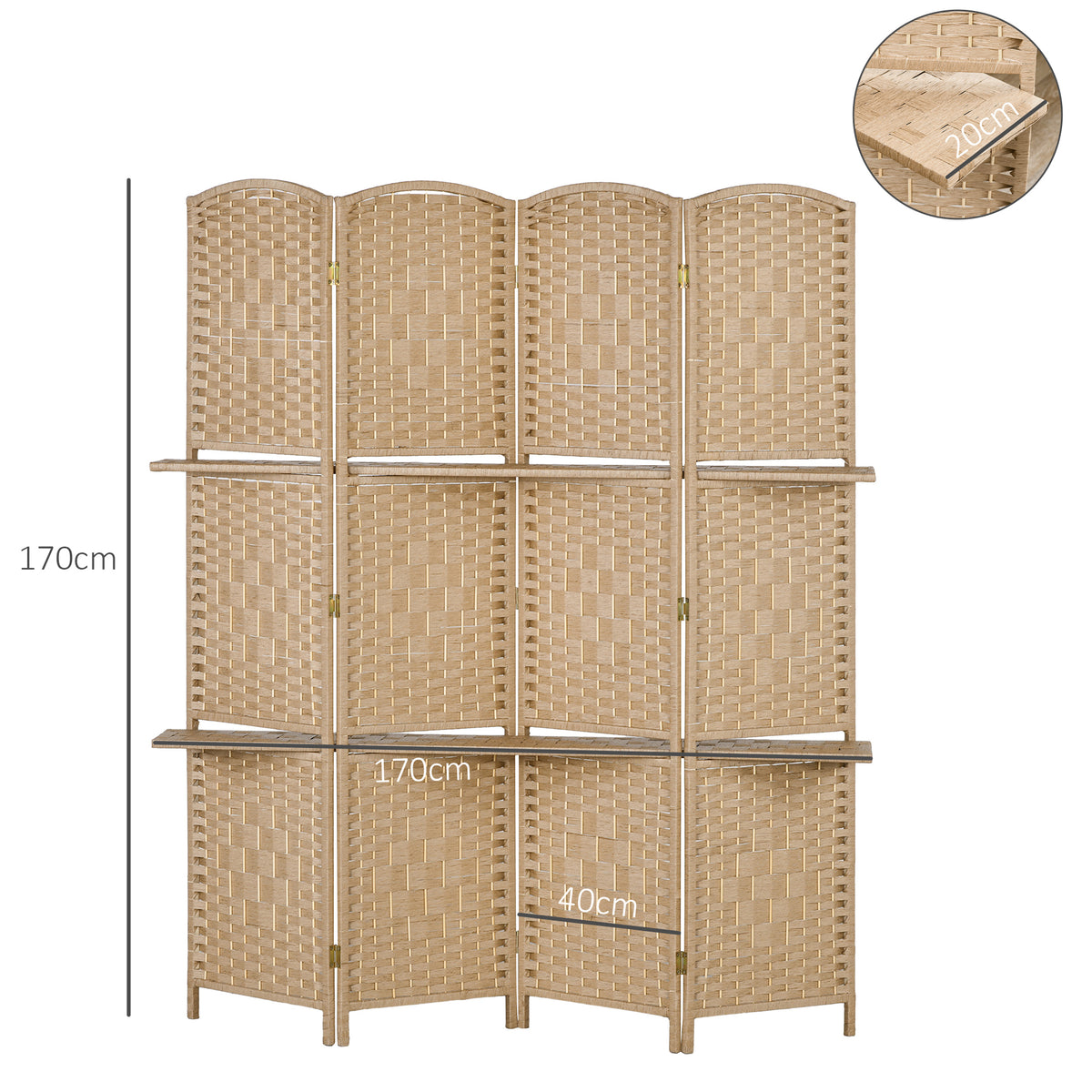 Biombo de 4 Painéis 160x170 cm Separador de Ambientes Dobrável com 2 Prateleiras de Exibição para Escritório Quarto Natural — foto 3