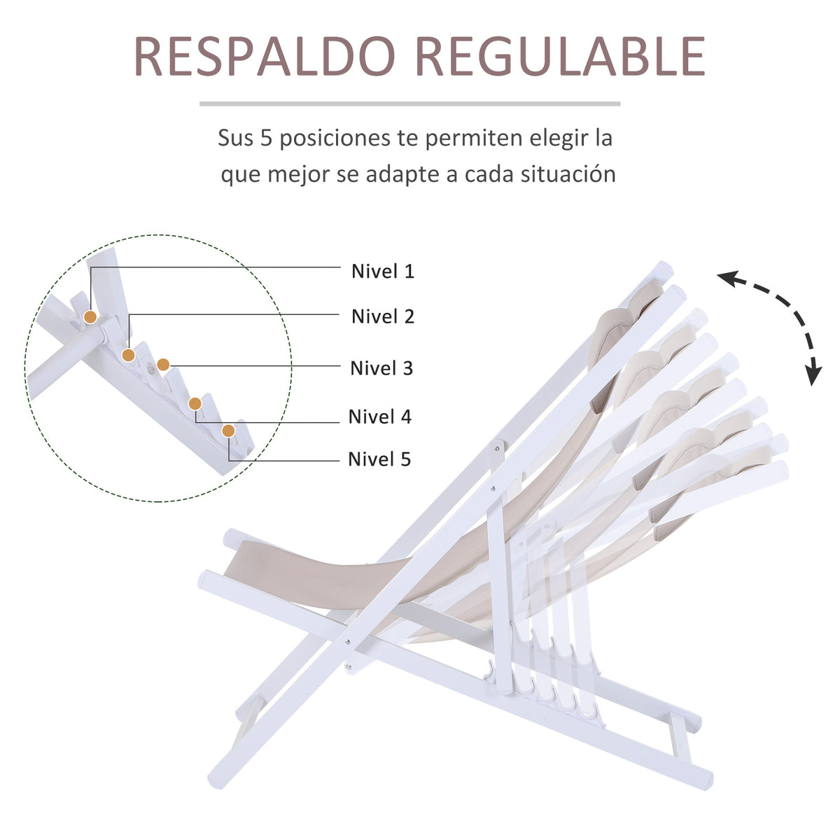 Conjunto de 2 Espreguiçadeiras Dobráveis com Encosto Reclinável em 5 Posições e Apoio para a Cabeça Acolchoado 96,5x58x91,5cm Bege — foto 4