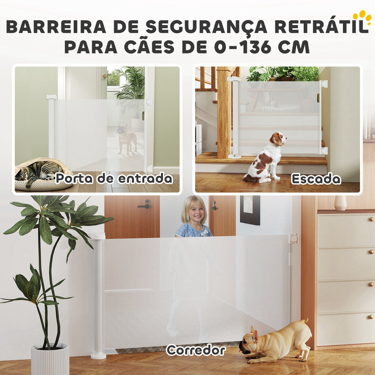 Barreira de Segurança para Cães Retrátil 0-136 cm Barreira para Cães Pequenos Extensível com Botão de Fecho Porta de Segurança para Corredores Escadas Interiores e Exteriores Branco — foto 4