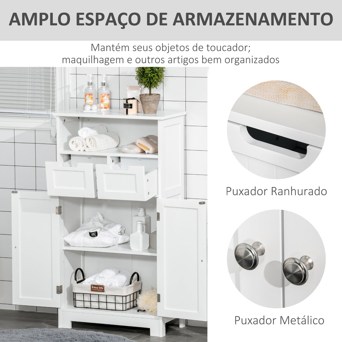 Kleanklin Armário de Casa de Banho com 2 Portas Prateleira Ajustável 2 Gavetas e Compartimento Aberto Móvel Auxiliar de Armazenamento para Sala de Estar Cozinha 60x30x108,8cm Branco — foto 5