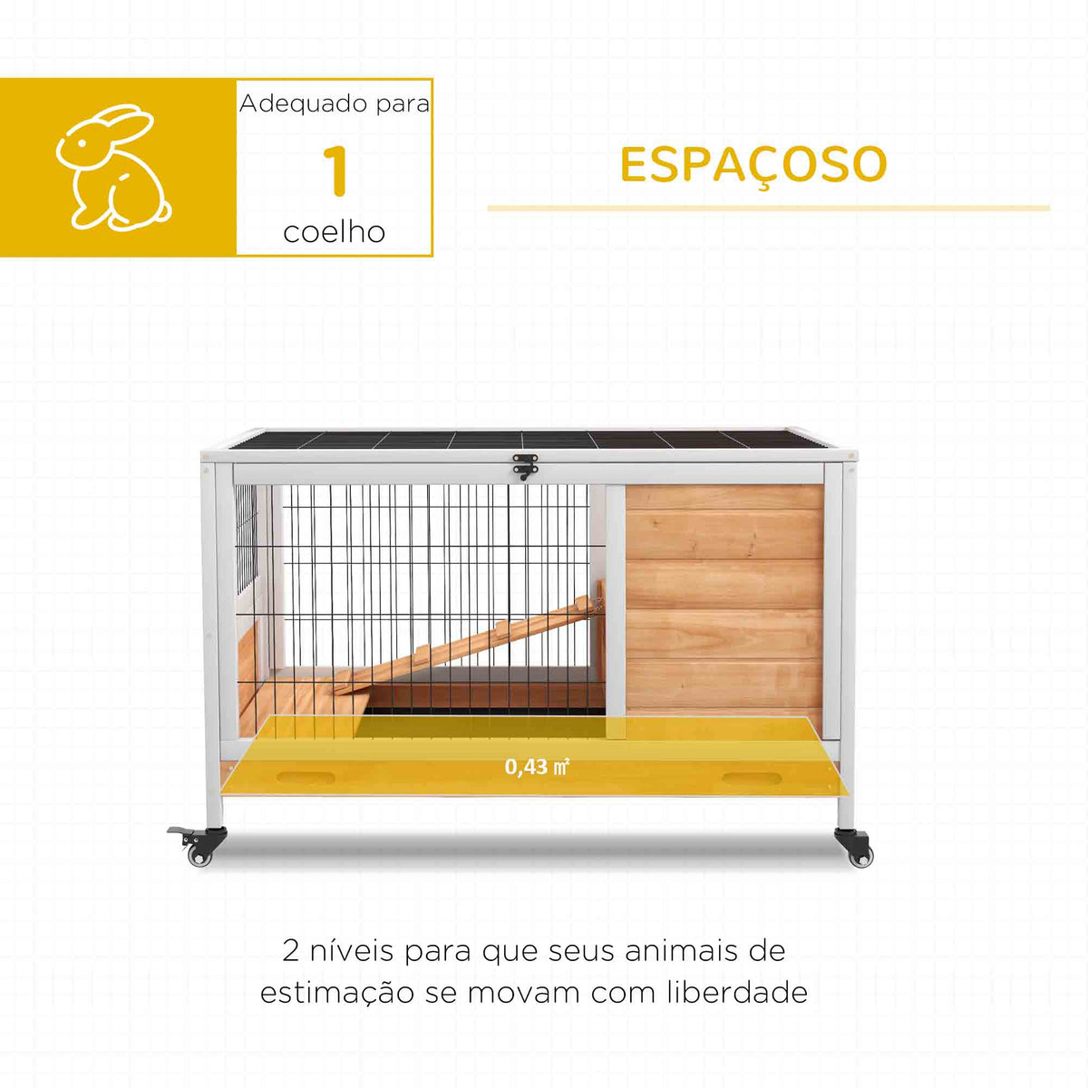 Coelheira de Madeira Gaiola de para Pequenos Animais Portátil com Teto Abatível Rampa Bandeja Removível para Coelhos da Índia 90x53x59 cm Madeira — foto 4