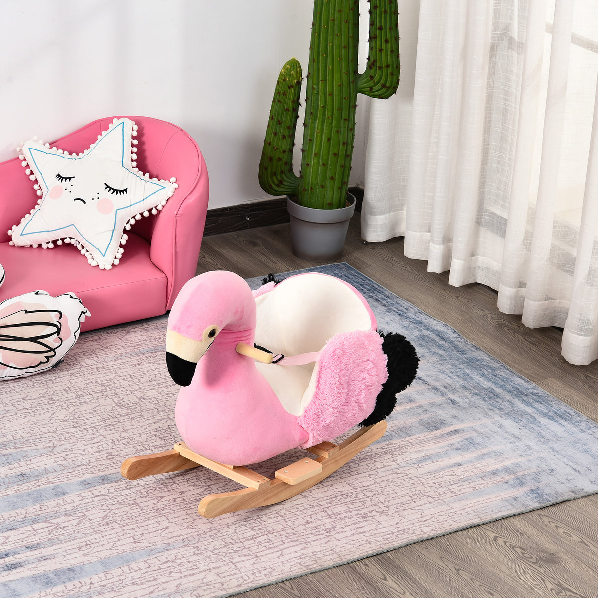 Baloiço de Flamingo para Crianças acima de 3 Anos Baloiço Infantil de Pelúcia e Base de Madeira Carga Máxima 25kg 60x33x53cm Rosa — foto 2