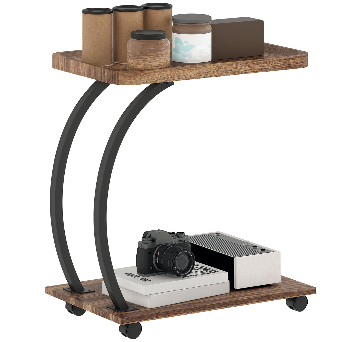 Mesa Auxiliar com Rodas Mesa Auxiliar em Forma de C para Sofá com Prateleiras Estrutura de Aço Mesa Auxiliar para Sala de Estar e Dormitório 52x34x60 cm Madeira e Preto — foto 1