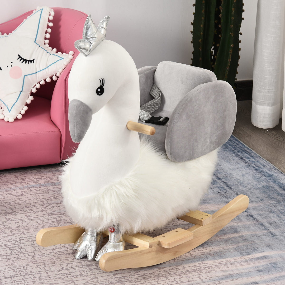 Cavalo Baloiço para Bebés acima de 18 Meses com Forma de Cisnei com Sons Apoio para os Pés e Cinto de Segurança 60x33x59 cm Branco e Cinza — foto 2