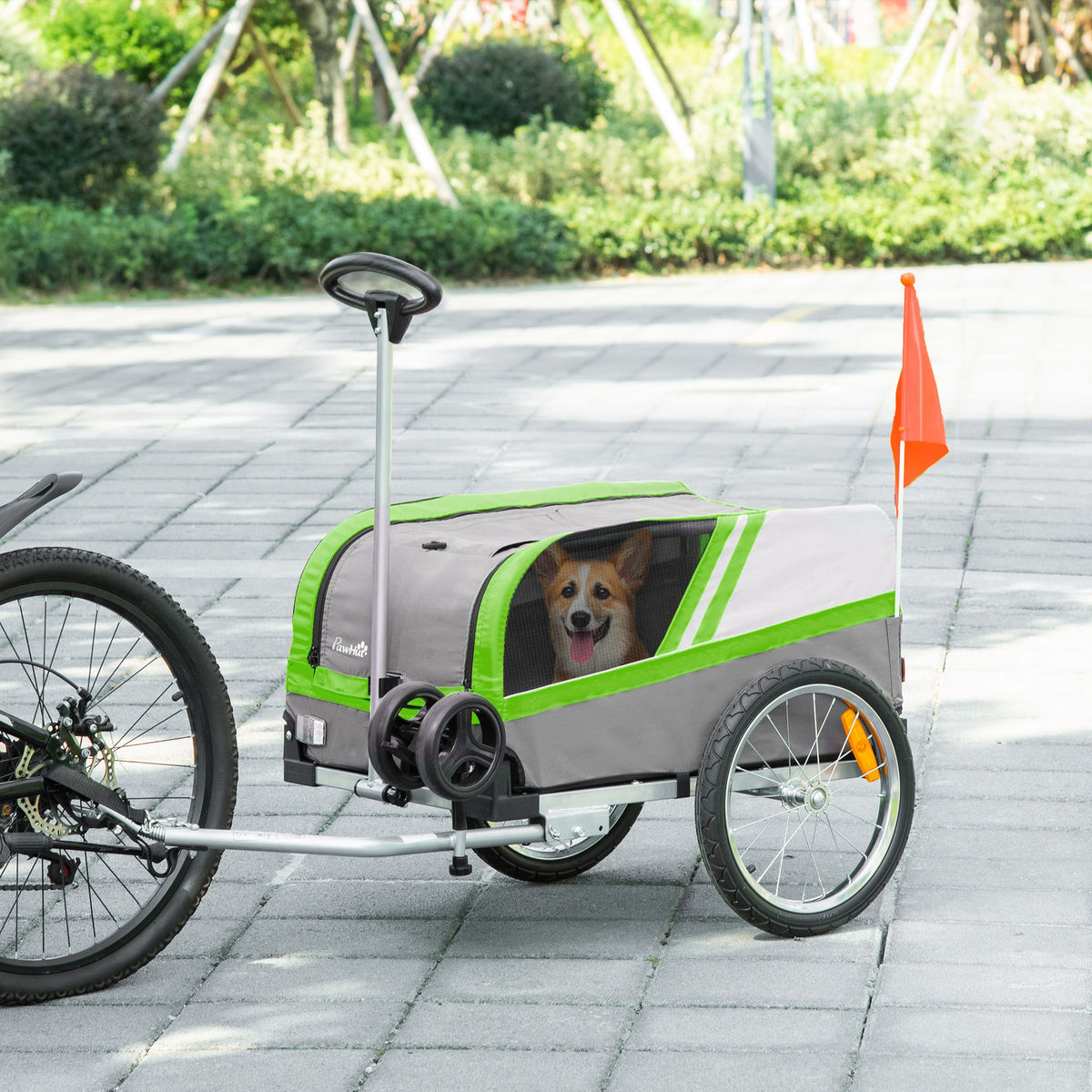 Reboque de Bicicleta para Cães 2 em 1 Carrinho para Animais de Estimação com Porta Enrolável Cinto de Segurança Bandeira e Refletores 130x64x92cm Verde e Cinza — foto 2