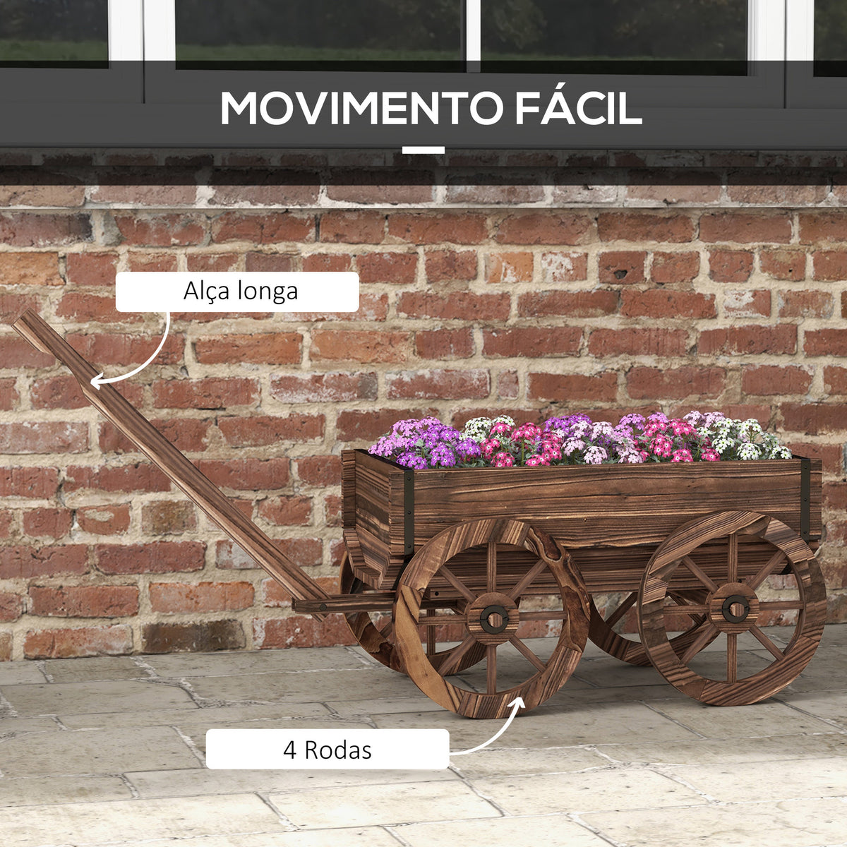 Floreira de Madeira Floreira de Exterior em Forma de Carrinho com 4 Rodas e Asa para Varanda Jardim Pátio 120x41x54 cm Madeira — foto 4