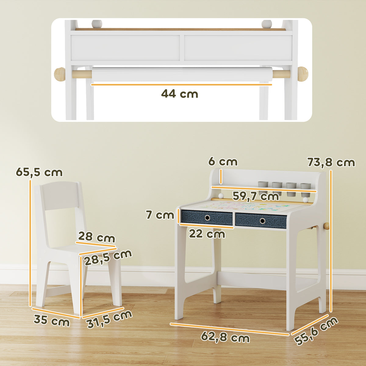 Secretária Infantil com Cadeira Secretária para Crianças com 2 Gavetas Extraíveis Estante e Porta-Copos para Estudar Ler e Desenhar Mesa para Crianças para Quarto Sala de Estudo Branco — foto 3