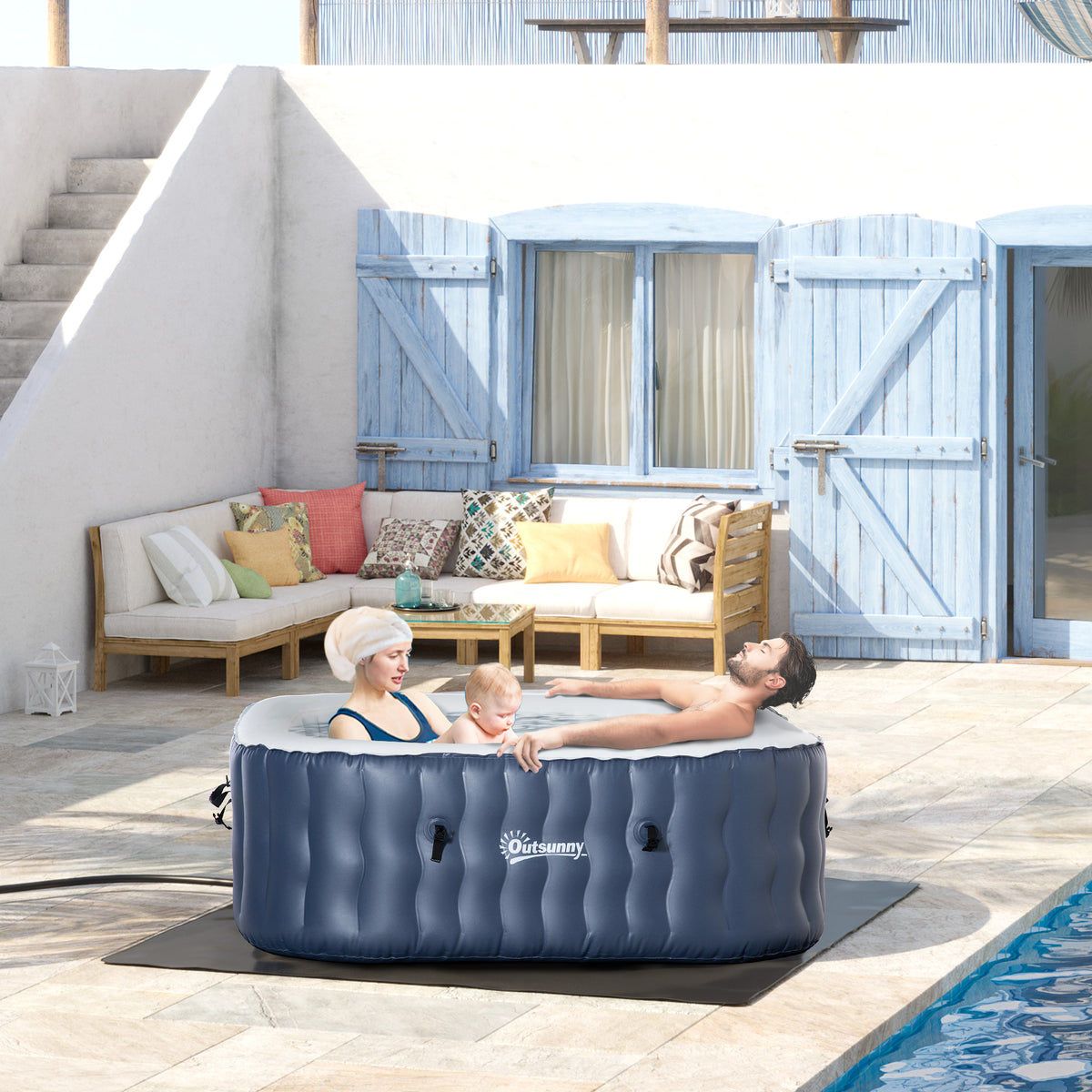 SPA Insuflável Quadrado para 2-4 Pessoas 930L Jacuzzi Insuflável 180x180x68cm com 108 Jatos de Massagem Aquecimento Controlo Remoto Filtro e Tapete para Exterior Azul — foto 2