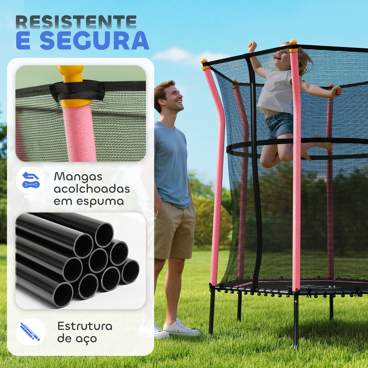Trampolim para Crianças acima de 3 Anos Cama Elástica Infantil com Rede de Segurança e Estrutura de Aço para Interiores e Exteriores Carga 50kg Ø163,5x190 cm Rosa — foto 4