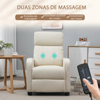 Poltrona de Massagem Poltrona Relax Reclinável com 2 Zonas de Massagem 8 Programas 5 Níveis de Intensidade e Controlo Remoto Estofada em PU 68x88x98 cm Creme — foto 4