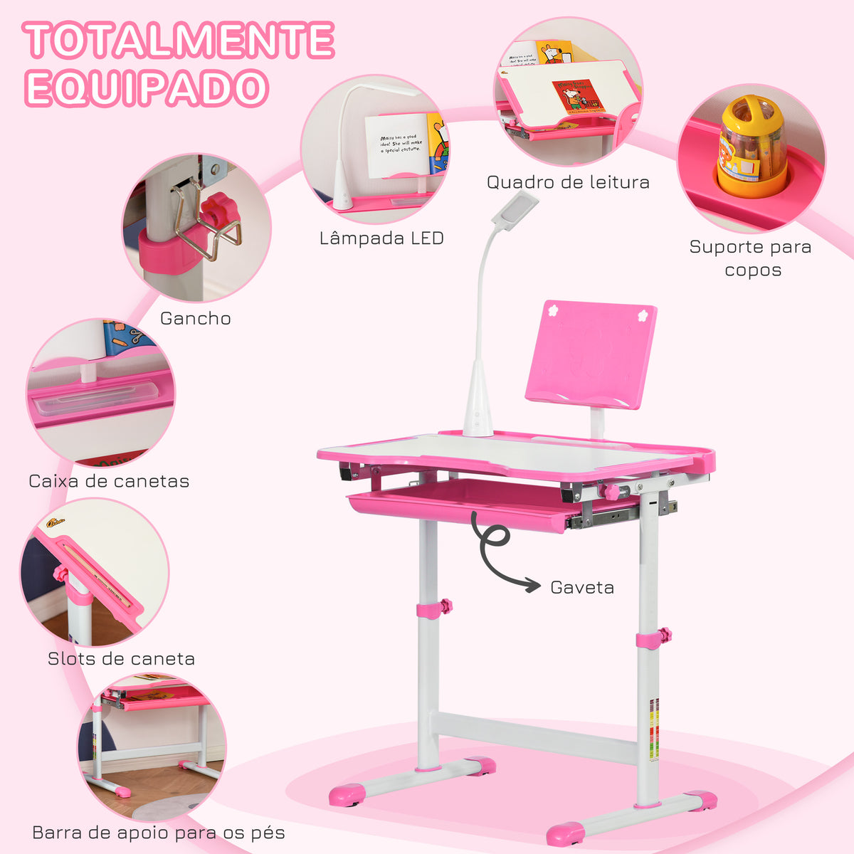 Conjunto de Secretária e Mesa para Crianças acima de 6 Anos Secretária Infantil com Altura Ajustável Mesa Inclinável Lâmpada Gaveta e Prateleira para Livros Rosa — foto 5