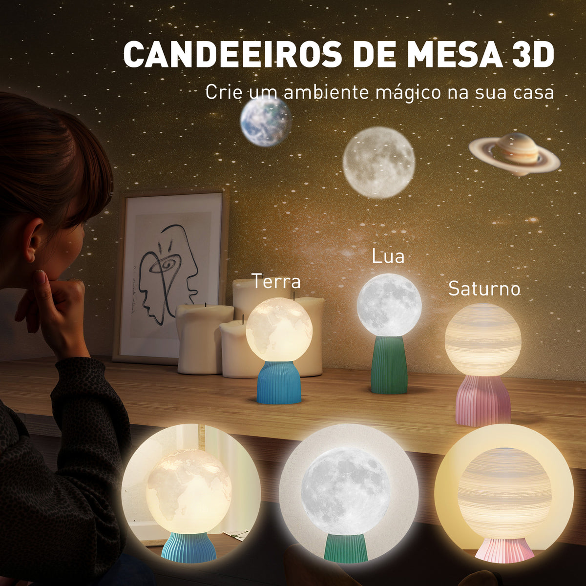 Conjunto de 3 Candeeiros de Mesa de Cabeceira 3D Candeeiros de Mesa com 3 Cores Brilho Ajustável em 10 Níveis Conexão USB para Casa Escritório Quarto Branco — foto 4