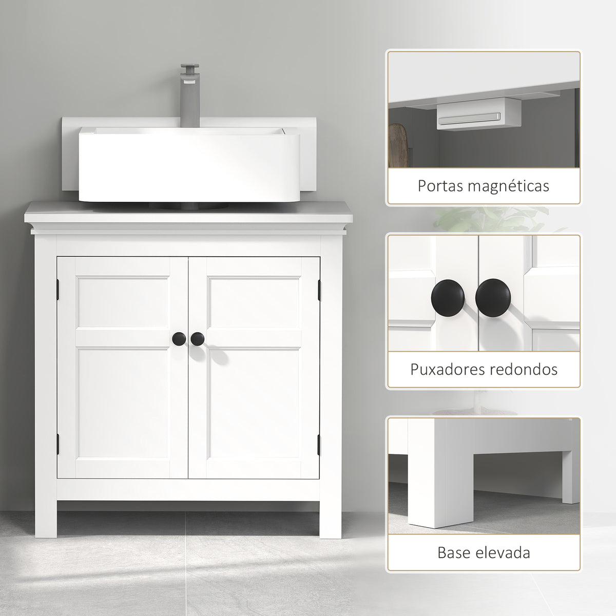 Móvel para Lavatório Pousar Móvel para Lavatório Moderno com Prateleira Ajustável e Portas Magnéticas 60x30x60 cm Branco — foto 6