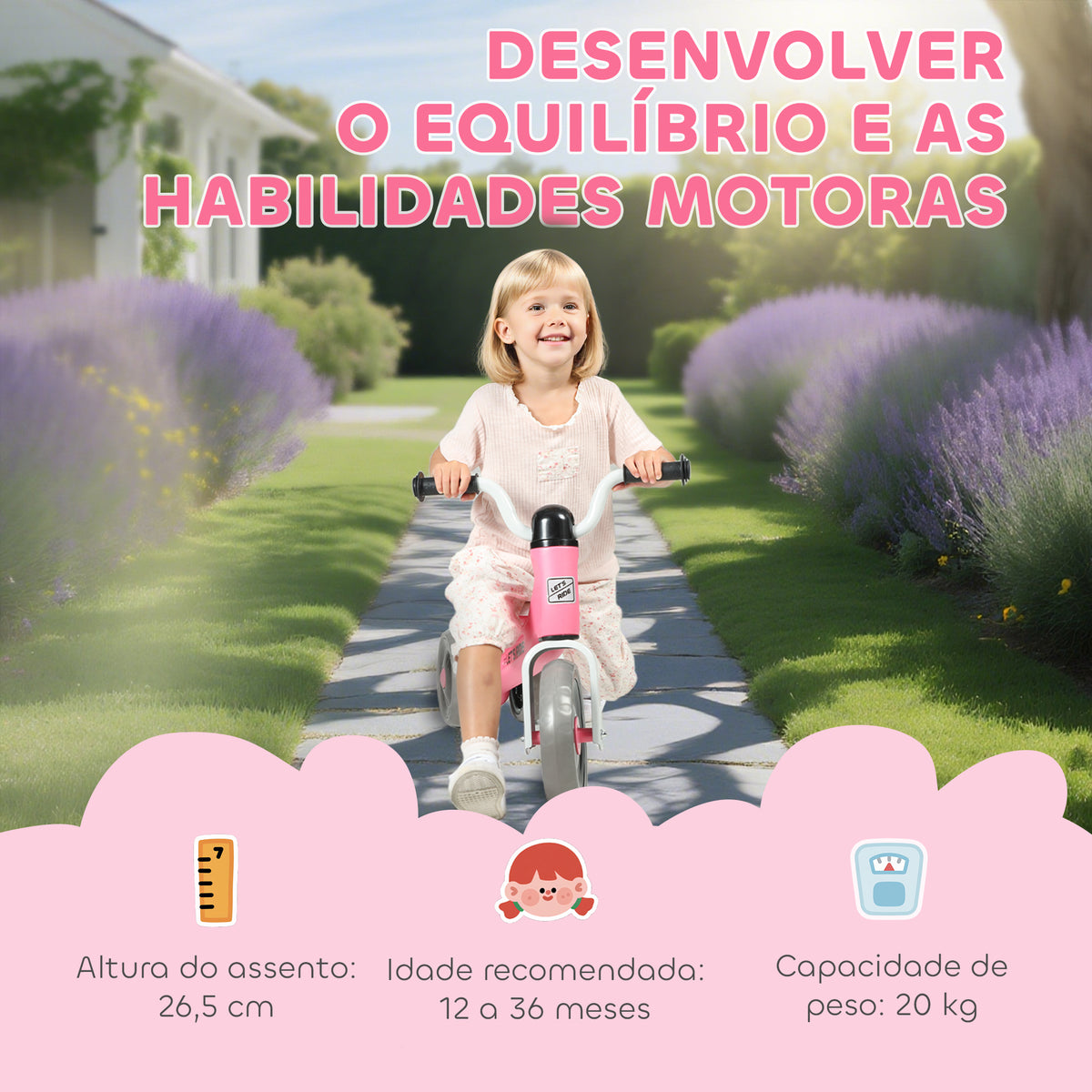 Bicicleta sem Pedais para Crianças dos 12 aos 36 Meses Bicicleta de Equilíbrio com Rodas Silenciosas e Antifuro Guiadores com Rotação Limitada a 60° 69x40x49 cm Rosa — foto 4