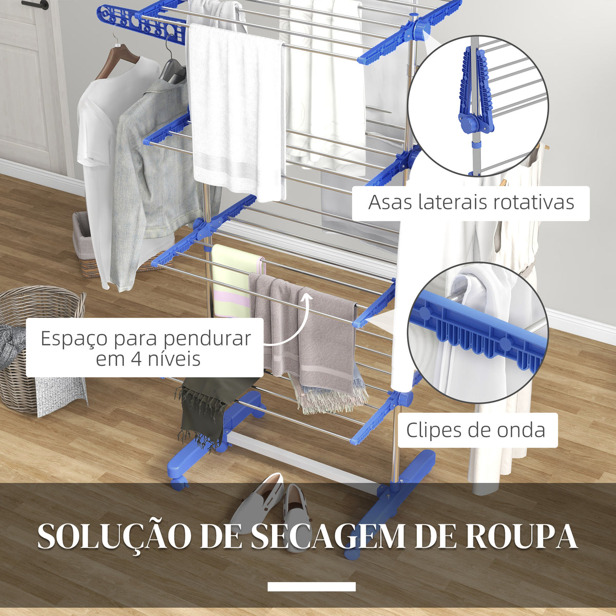 Estendal Vertical Dobrável de 4 Níveis Estendal de Roupa com 6 Rodas 2 Laterais Dobráveis Prateleiras Ajustáveis e Estrutura de Aço Inoxídável para Interior e Exterior Azul — foto 5