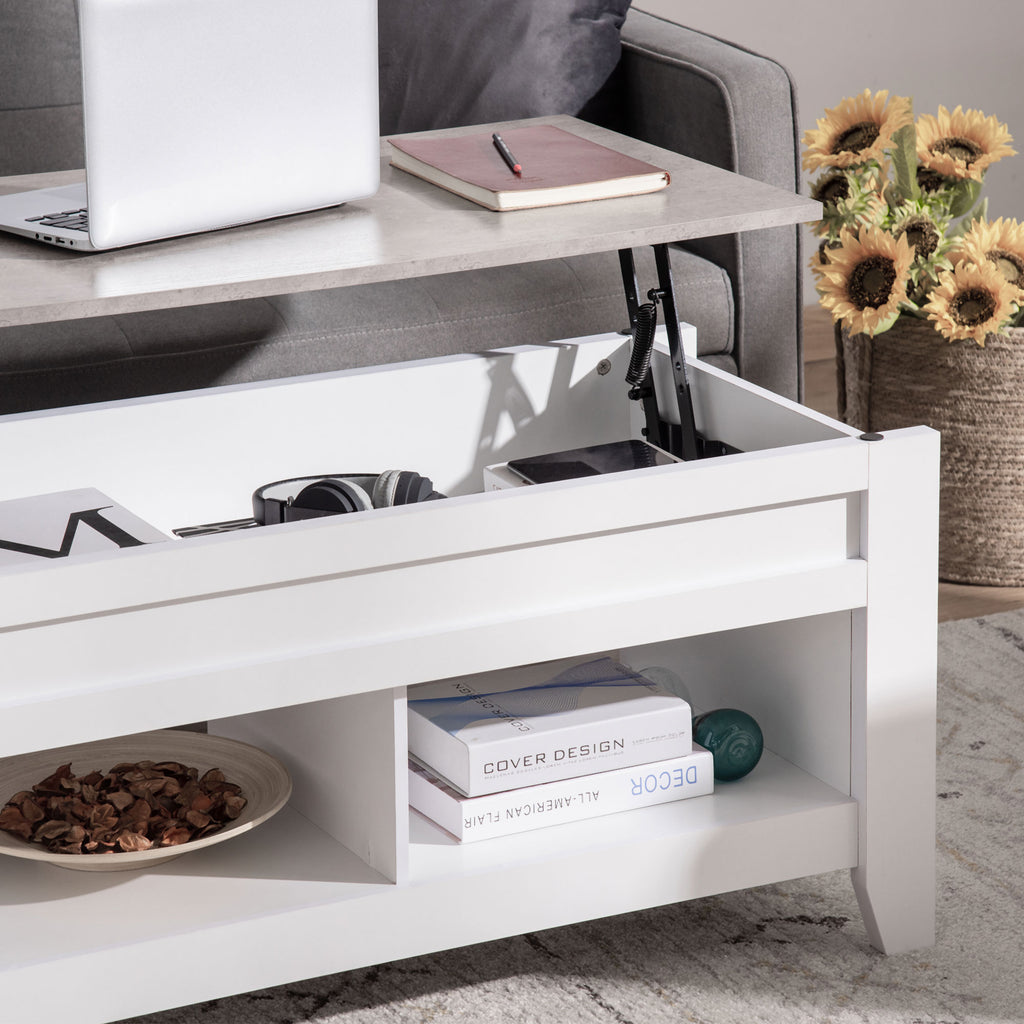 Mesa de Centro com Bancada Elevável Mesa de Centro com 2 Compartimentos Abertos Bancada de Imitação a Mármore Mesa Retangular para Sala de Estar 105x50x49cm Branco — foto 7