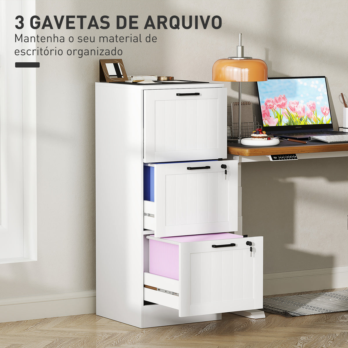 Bloco de Gavetas para Escritório Móvel Arquivador com 3 Gavetas para Escritório com Fechaduras Gavetas Suspensas para A4 40x40x101 cm Branco — foto 4