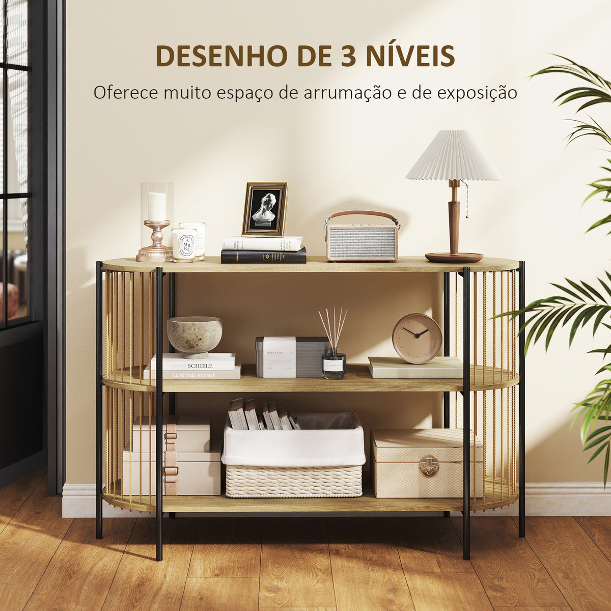 Mesa Consola com Corda de Papel Trançada à Mão Consola de Entrada de 3 Níveis com Estrutura de Aço Estilo Boémio para Entrada Sala de Estar 124x43,5x80 cm Madeira — foto 5