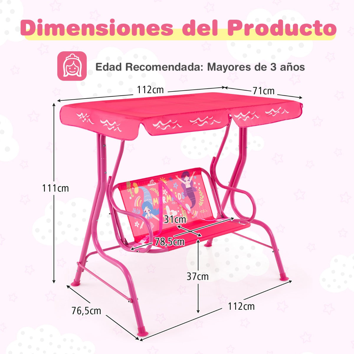 Columpio para Crianças com 2 Lugares e Toldo Ajustável com Estrutura Metálica Rosa — foto 3