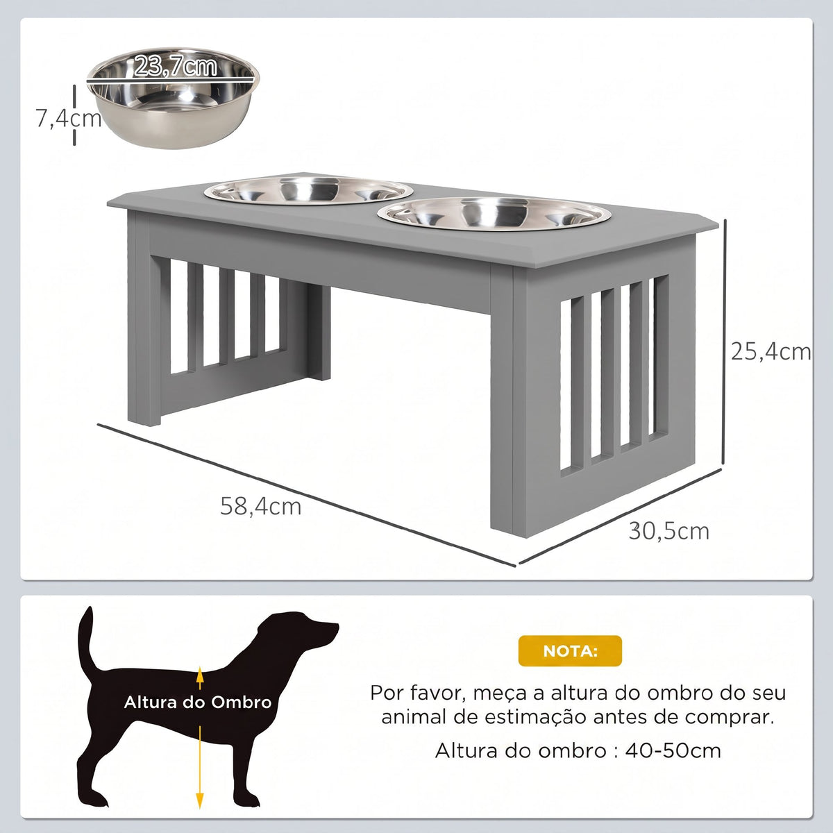 Comedouro Elevado para Cães com Suporte e 2 Tigelas Removíveis em Aço Inoxidável, para Comida e Água, 58,4x30,5x25,4 cm, Cinzento — foto 3