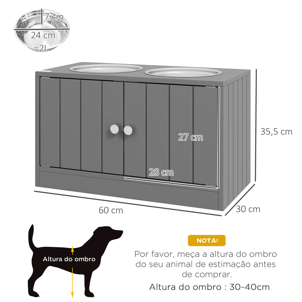 Comedouro Elevado para Cães Grandes com 2 Tigelas de 2000ml de Aço Inoxidável Comedouro para Cães com 2 Portas e Arrumação Oculta 60x30x35,5cm Cinzento — foto 3