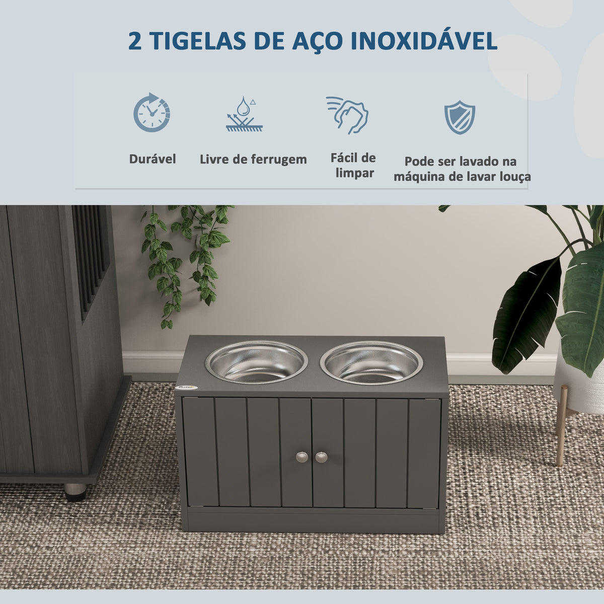 Comedouro Elevado para Cães Grandes com 2 Tigelas de 2000ml de Aço Inoxidável Comedouro para Cães com 2 Portas e Arrumação Oculta 60x30x35,5cm Cinzento — foto 4