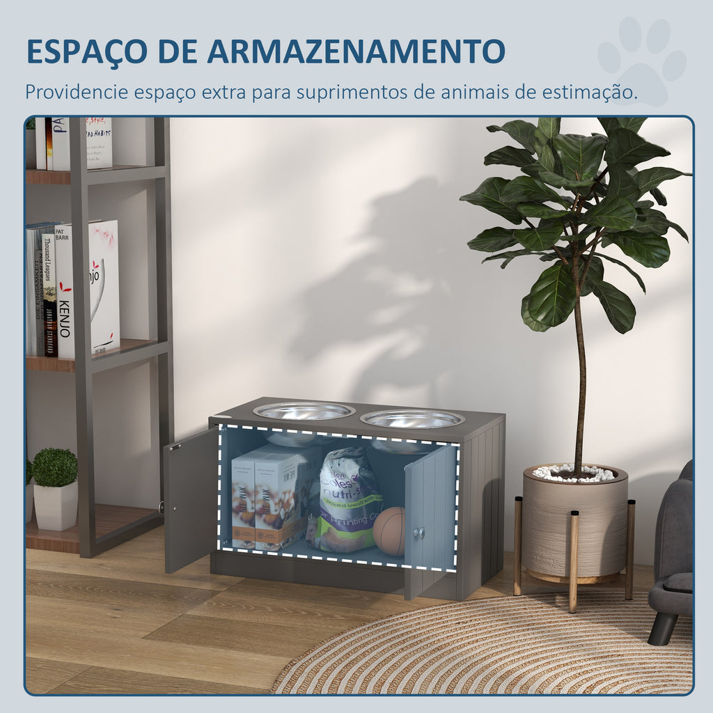 Comedouro Elevado para Cães Grandes com 2 Tigelas de 2000ml de Aço Inoxidável Comedouro para Cães com 2 Portas e Arrumação Oculta 60x30x35,5cm Cinzento — foto 5