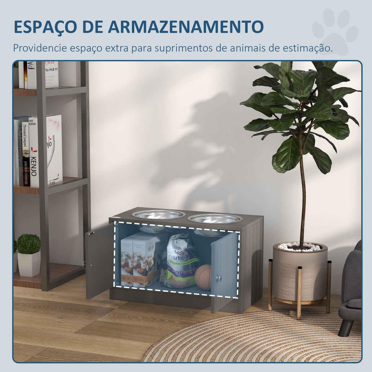 Comedouro Elevado para Cães Grandes com 2 Tigelas de 2000ml de Aço Inoxidável Comedouro para Cães com 2 Portas e Arrumação Oculta 60x30x35,5cm Cinzento — foto 5