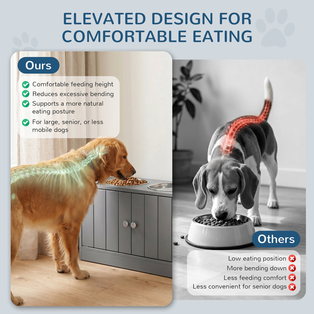 Comedouro Elevado para Cães Grandes com 2 Tigelas de 2000ml de Aço Inoxidável Comedouro para Cães com 2 Portas e Arrumação Oculta 60x30x35,5cm Cinzento — foto 8