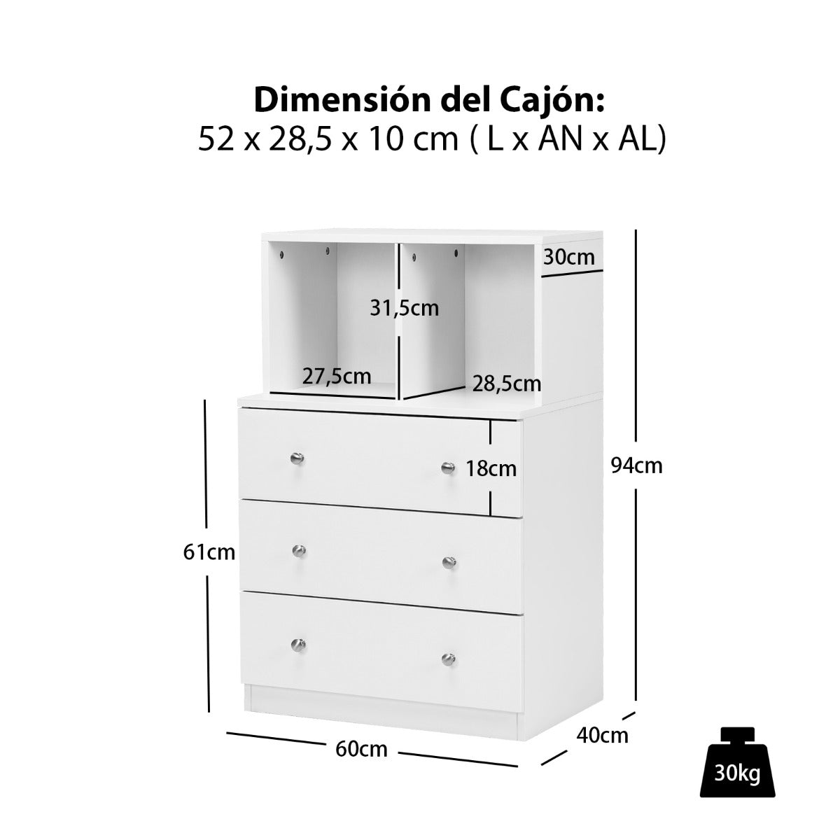 Cómoda com 3 gavetas e 2 compartimentos para arrumação multifuncional – Branco — foto 3