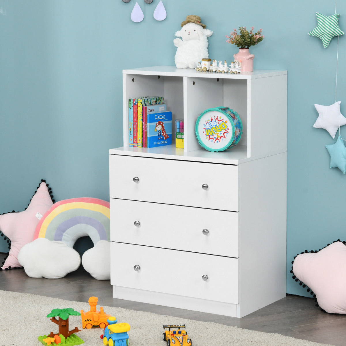 Cómoda com 3 gavetas e 2 compartimentos para arrumação multifuncional – Branco — foto 4