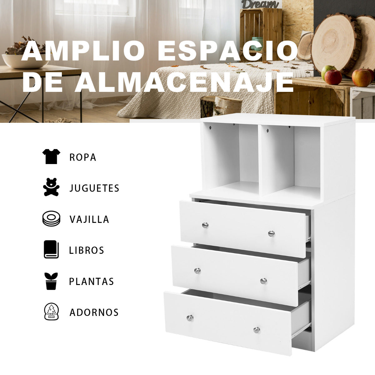 Cómoda com 3 gavetas e 2 compartimentos para arrumação multifuncional – Branco — foto 7