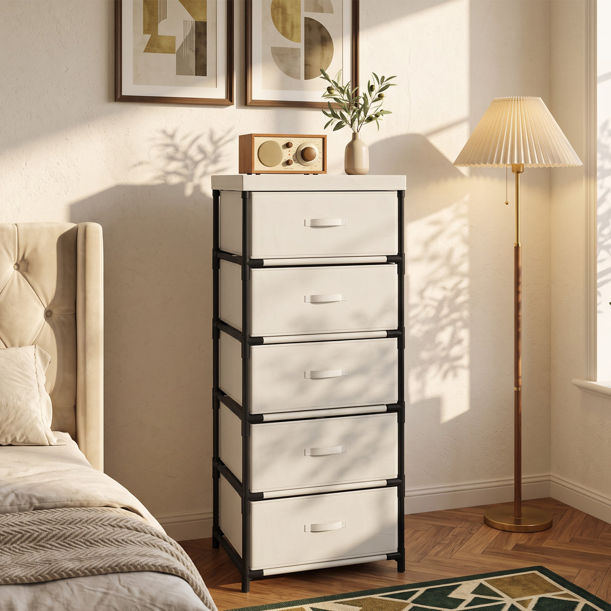 Cómoda com 5 Gavetas em Tecido, Cómoda de Quarto com Estrutura de Aço, Montagem Rápida, para Sala, Escritório e Closet, Bege — foto 2