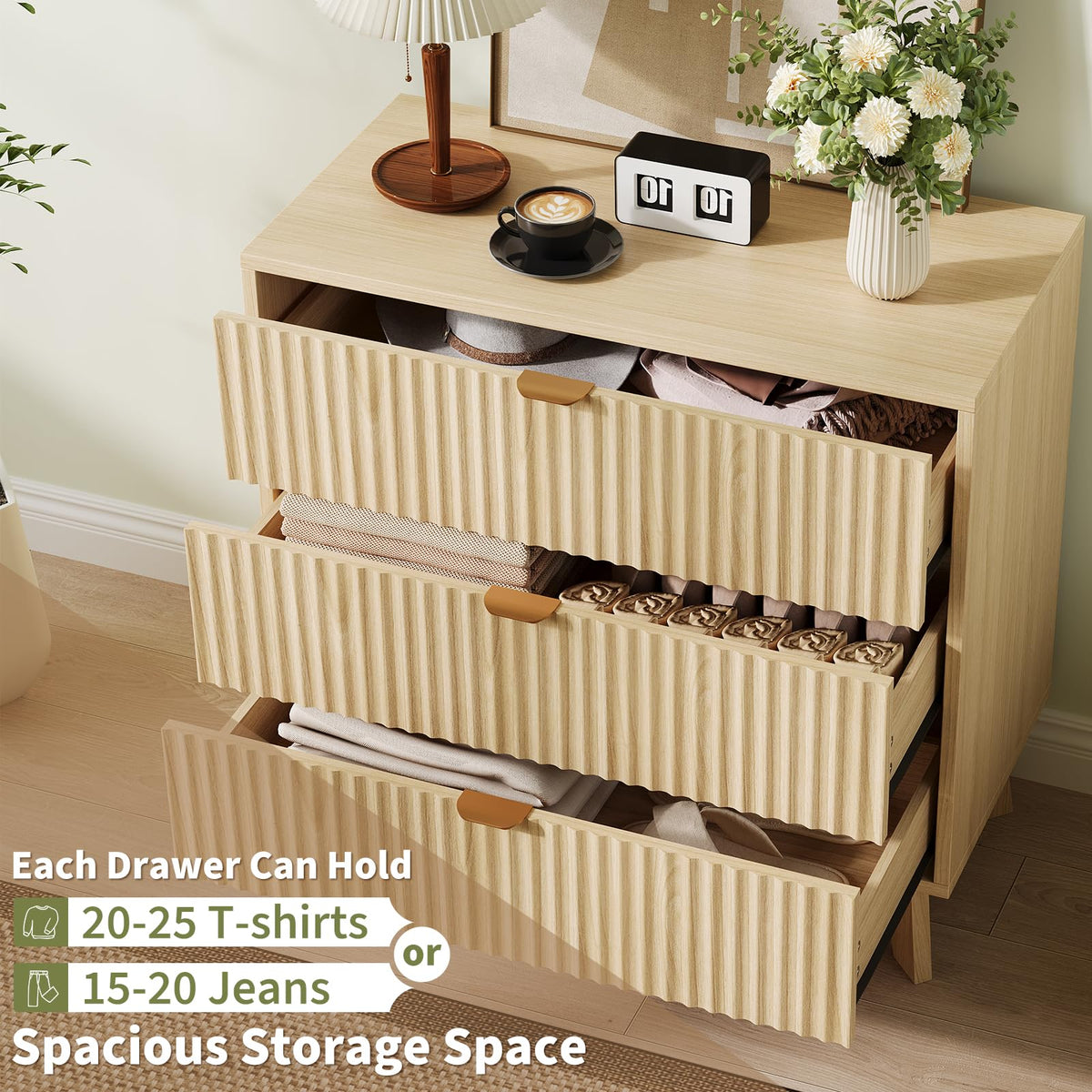 Cómoda de 3 gavetas com design curvo e canelado, MDF e madeira, arrumação espaçosa para quarto e sala, branco - 1 peça — foto 3