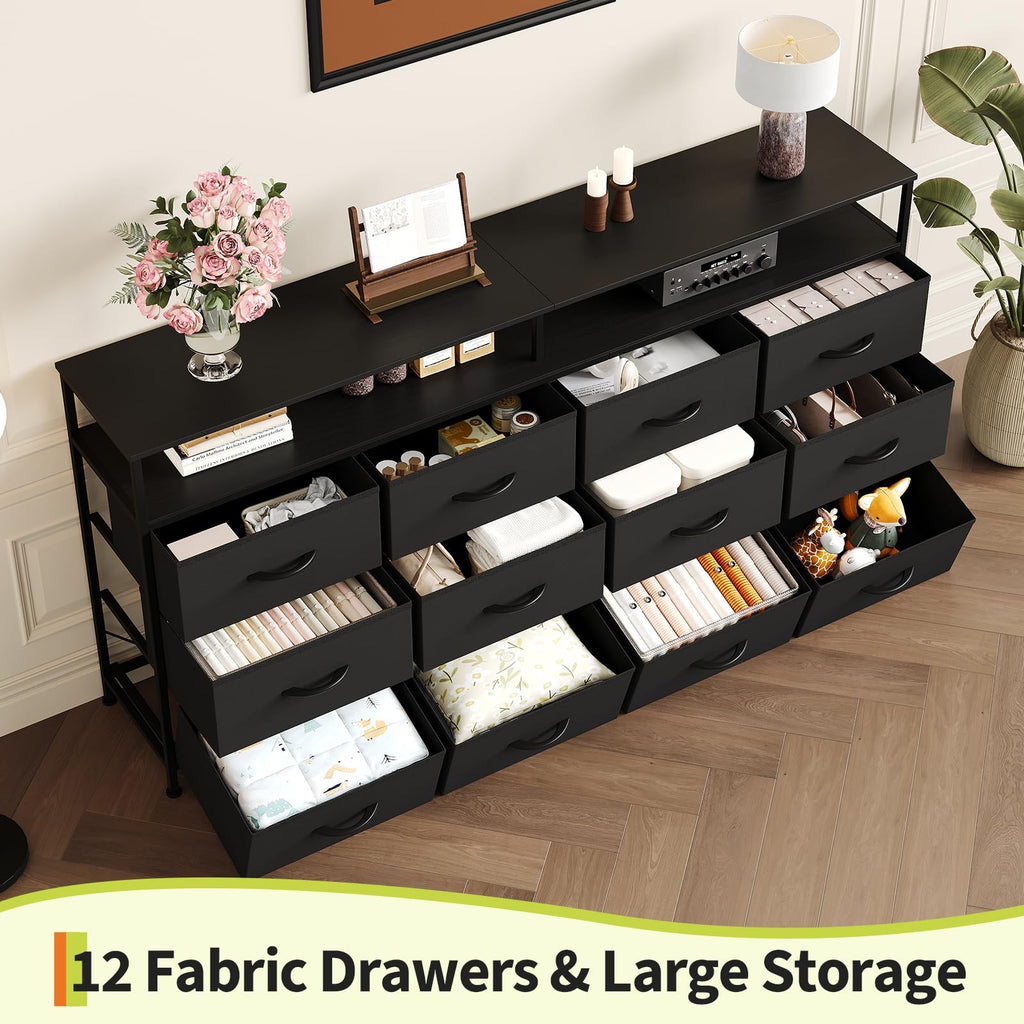 Cómoda larga multifuncional em MDF com 12 gavetas e prateleiras abertas, móvel de TV e organizador de roupa, 160x30x72cm, preto — foto 2