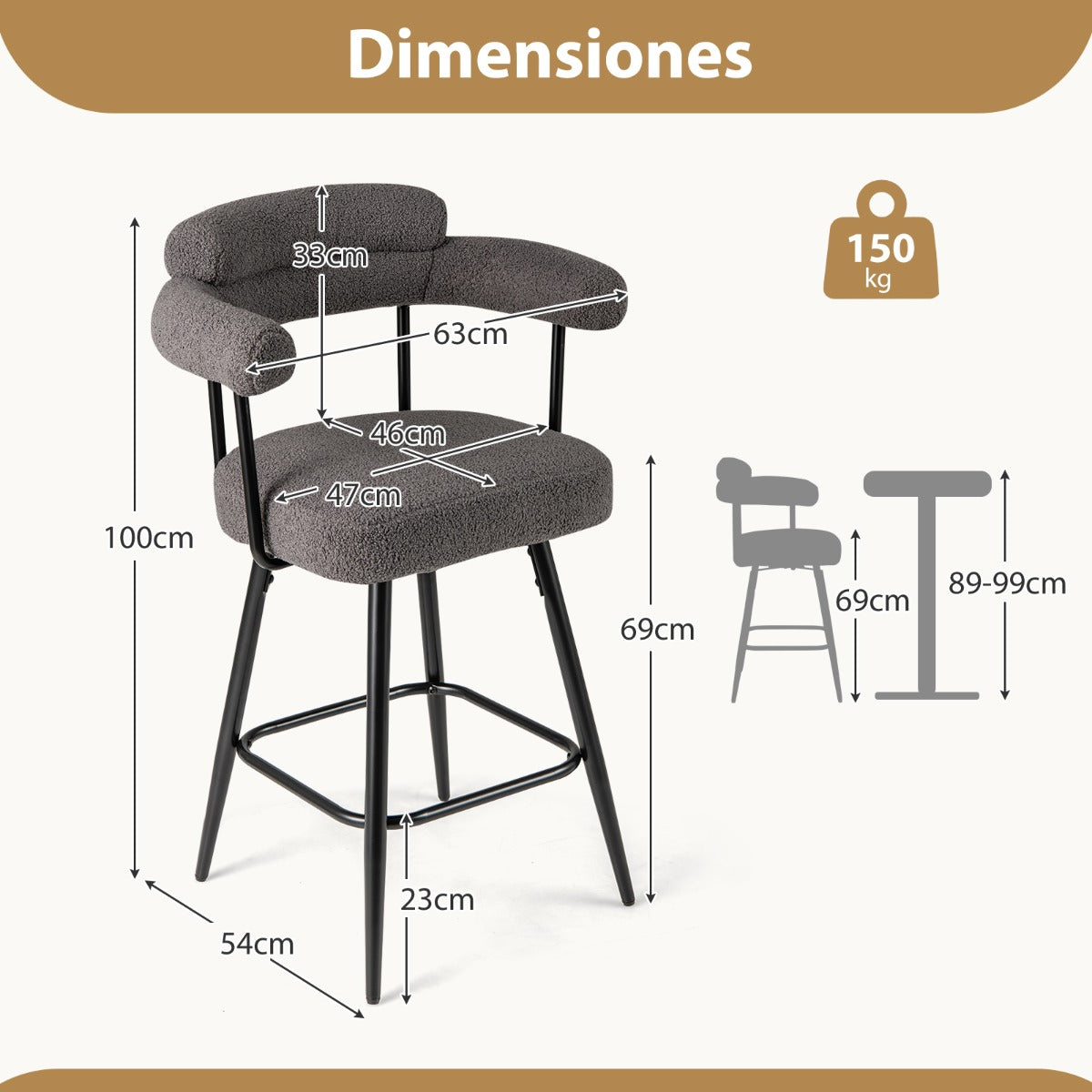 Conjunto 2 Taburetes Giratórios com Encosto e Braços Curvos Metal Cinzento 63x54x100cm — foto 3