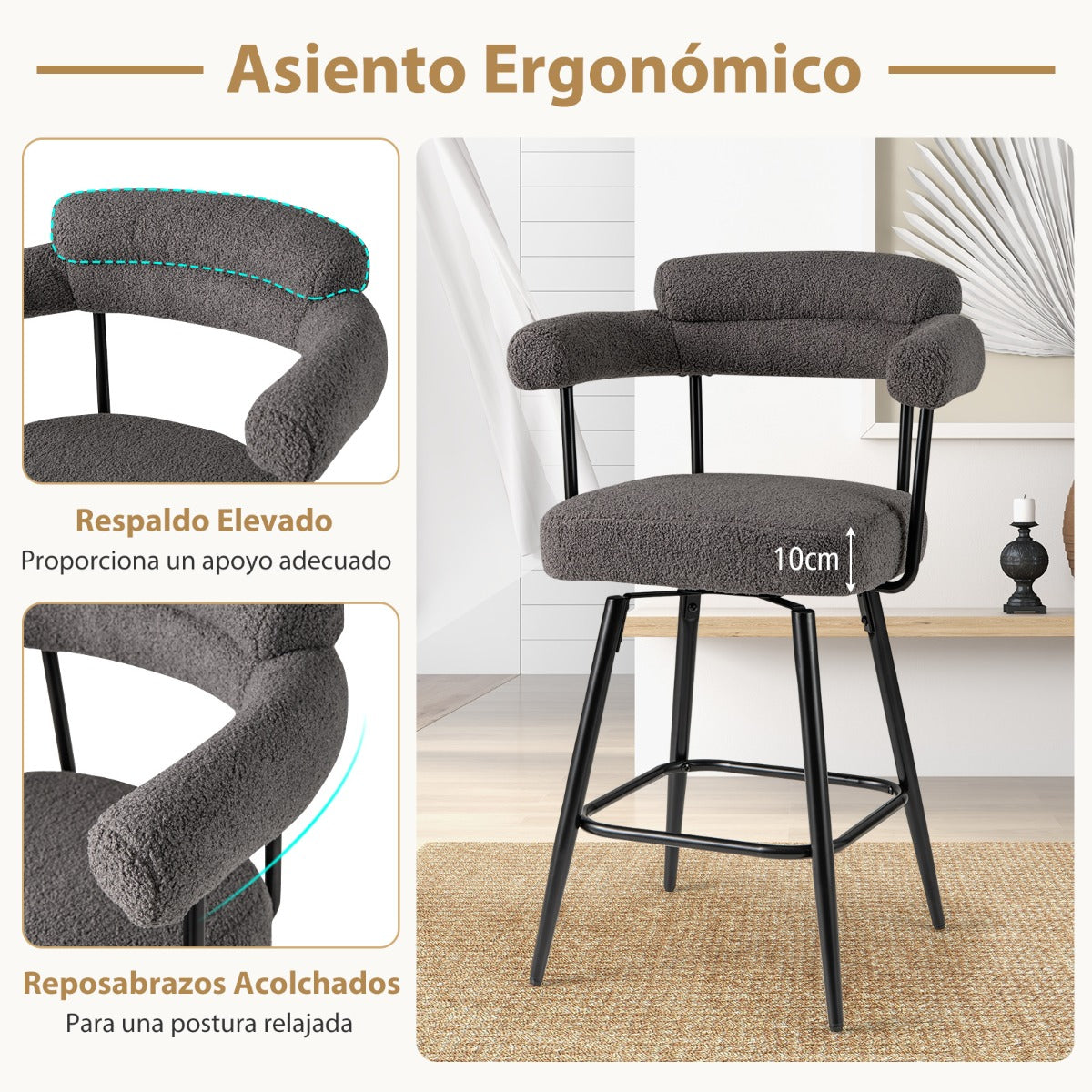 Conjunto 2 Taburetes Giratórios com Encosto e Braços Curvos Metal Cinzento 63x54x100cm — foto 4