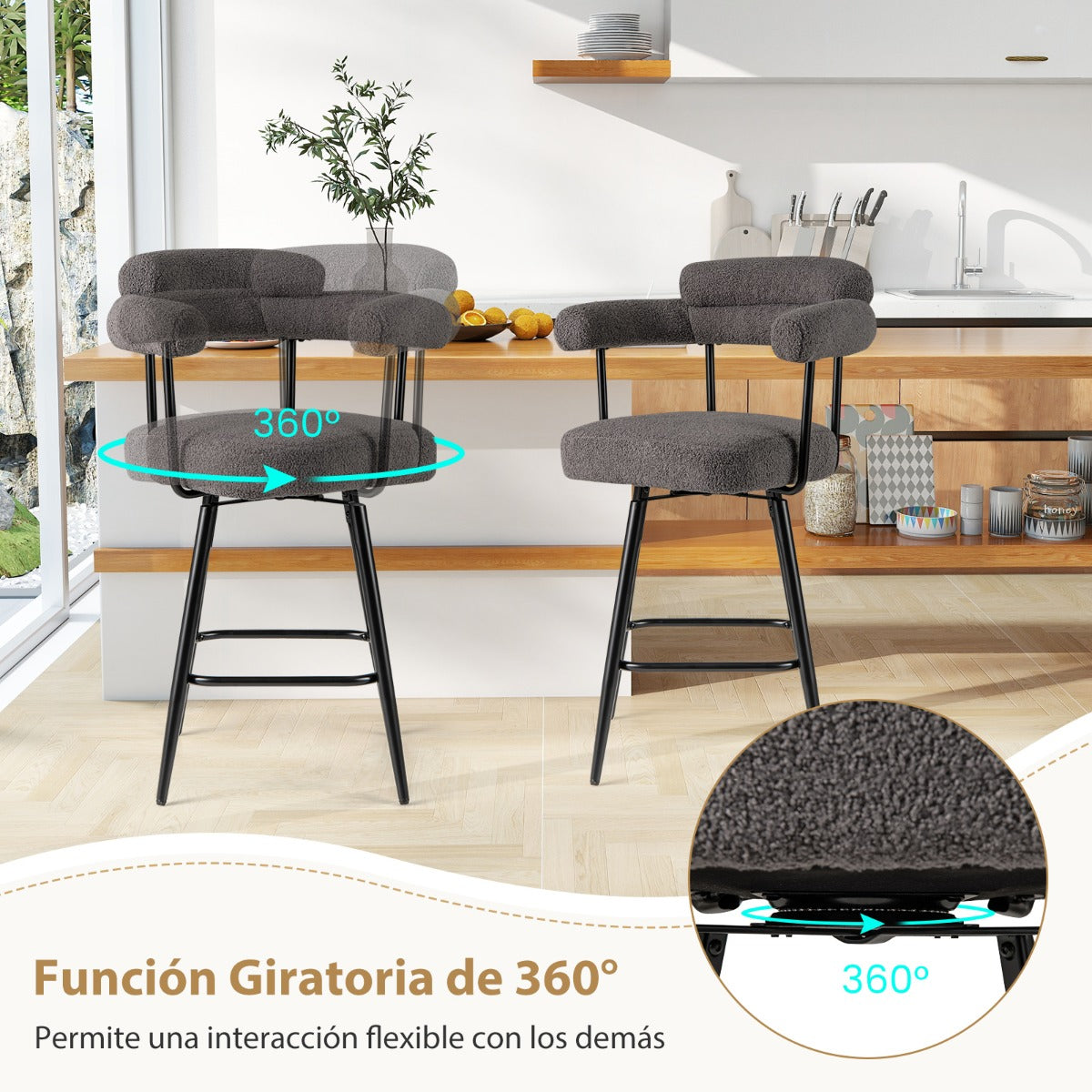 Conjunto 2 Taburetes Giratórios com Encosto e Braços Curvos Metal Cinzento 63x54x100cm — foto 5