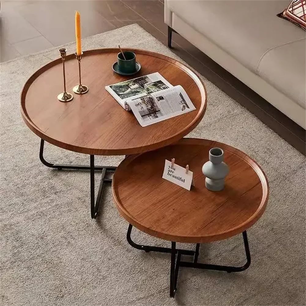 Conjunto de 2 mesas de centro encaixáveis, MDF resistente, pernas metálicas antiferrugem, para sala e varanda, design industrial, rebordos elevados — foto 3