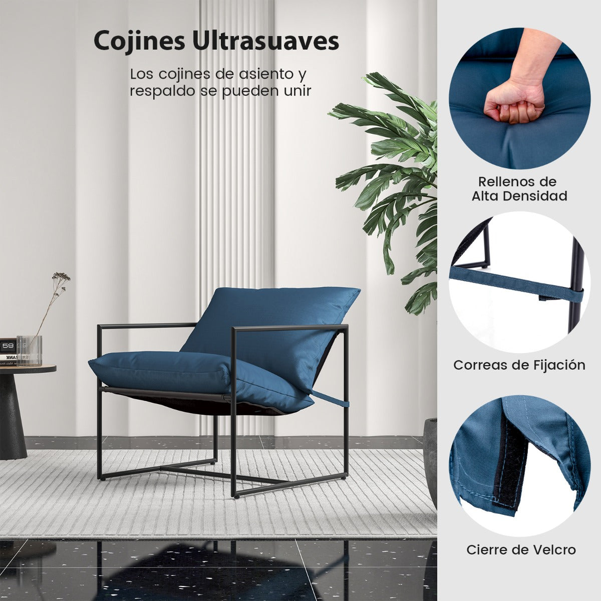 Conjunto de 2 Poltronas com Assento Tipo Cabresto e Almofadas Azul Marinho para Interior e Exterior — foto 6