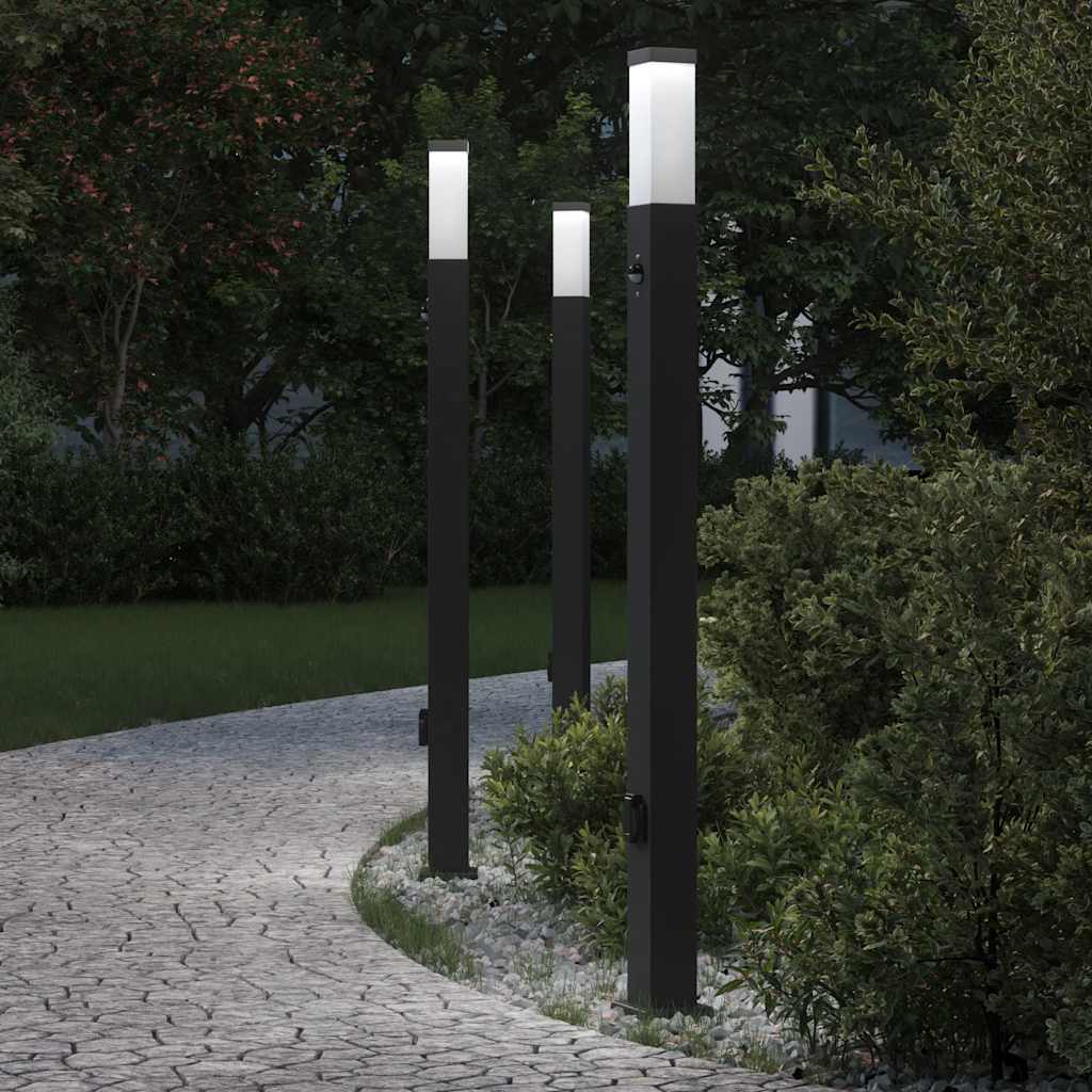 Conjunto de 3 postes de iluminação com sensor e tomada, 110 cm, pretos, IP44 — foto 1