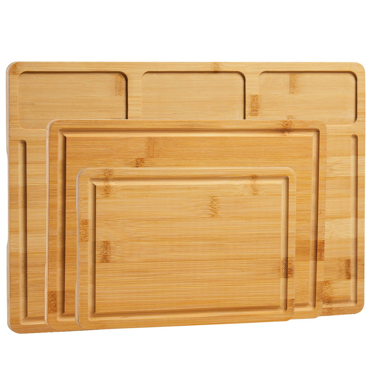 Conjunto de 3 tábuas de cortar em bambu natural com compartimentos para cozinha, tamanhos pequeno, médio e grande, cor natural — foto 1