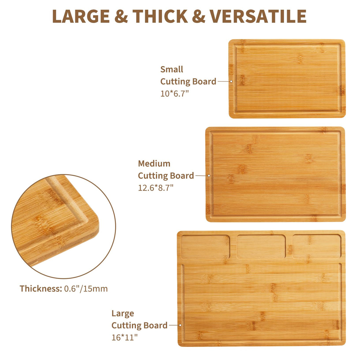 Conjunto de 3 tábuas de cortar em bambu natural com compartimentos para cozinha, tamanhos pequeno, médio e grande, cor natural — foto 2