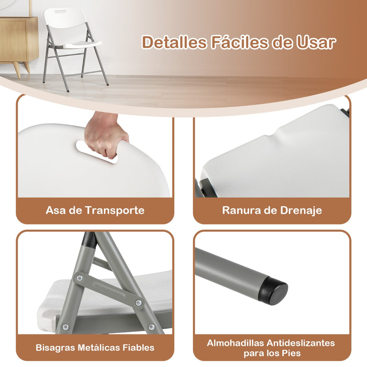 Conjunto de 4 Cadeiras Dobráveis com Assento em Plástico e Estrutura Metálica 58 x 45,5 x 84 cm Branco — foto 10