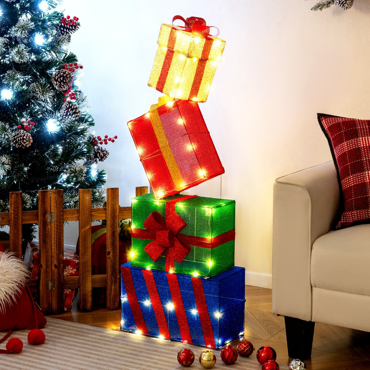 Conjunto de 4 Caixas de Presente Iluminadas com Lazos e Luzes LED Multicolor — foto 1