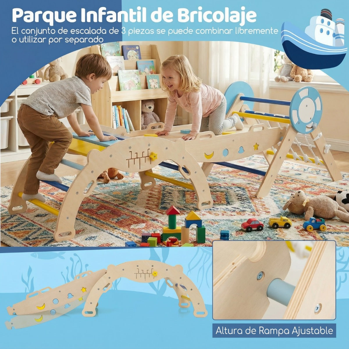 Conjunto de Escalada Triangular Dobrável com Rampa e Escada de Corda – Brinquedo Montessori — foto 10