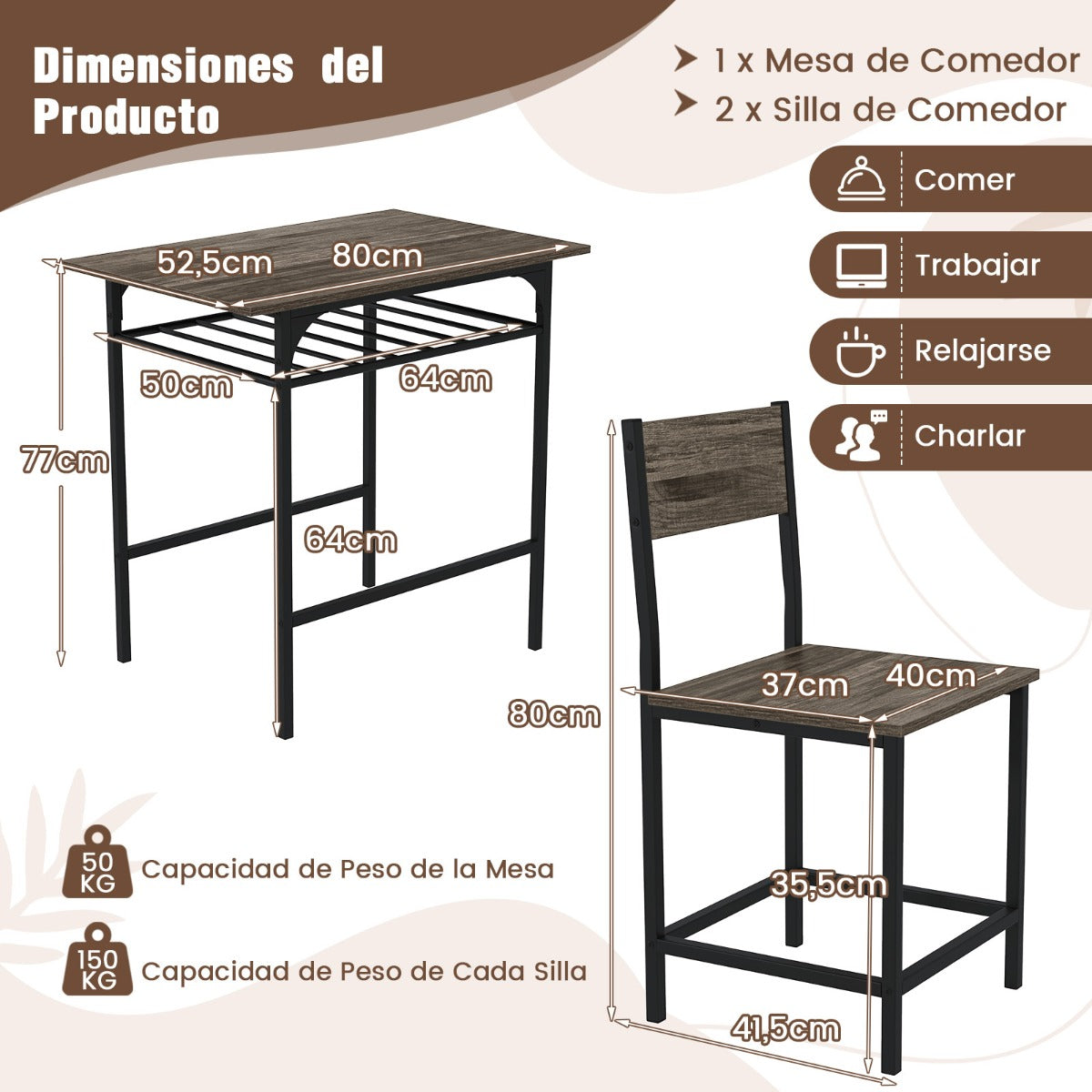 Conjunto de Mesa e 2 Cadeiras de Jantar Cinzento com Prateleira 80x52,5cm — foto 3