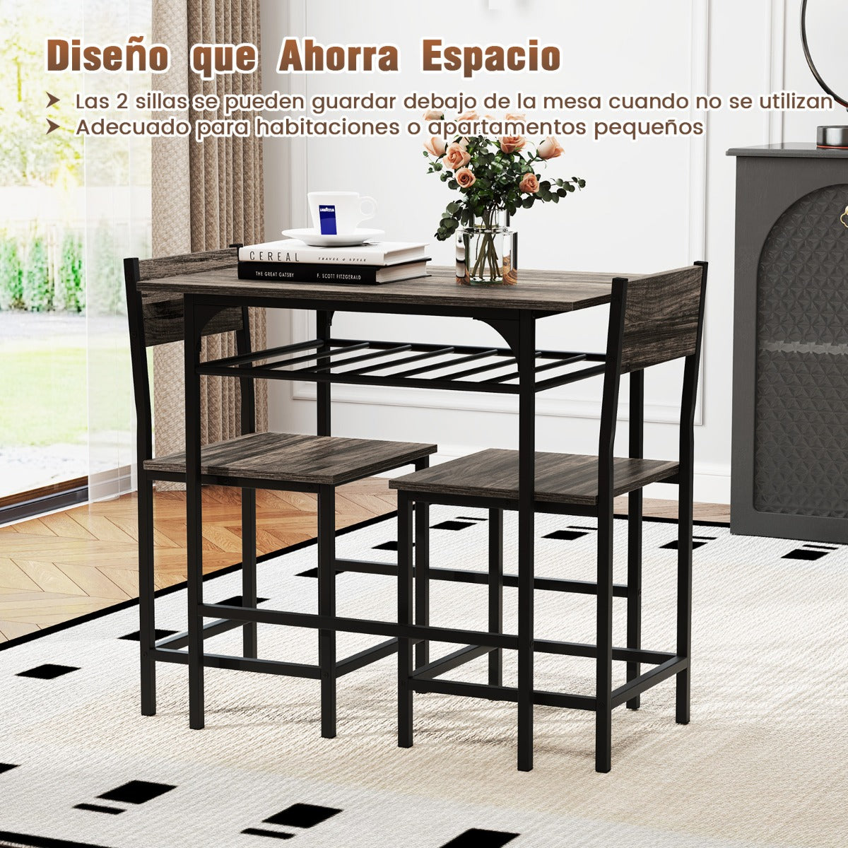 Conjunto de Mesa e 2 Cadeiras de Jantar Cinzento com Prateleira 80x52,5cm — foto 4