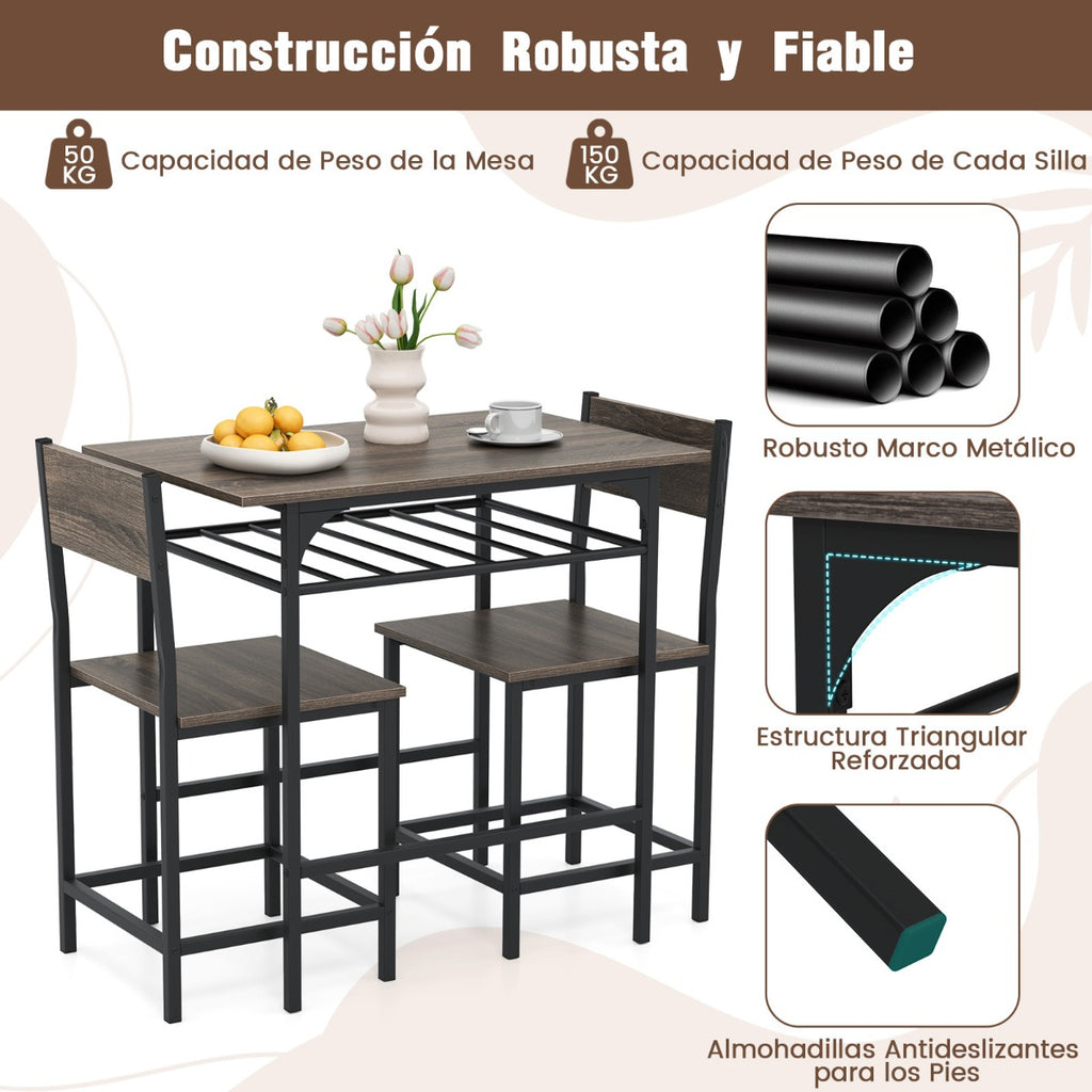 Conjunto de Mesa e 2 Cadeiras de Jantar Cinzento com Prateleira 80x52,5cm — foto 5