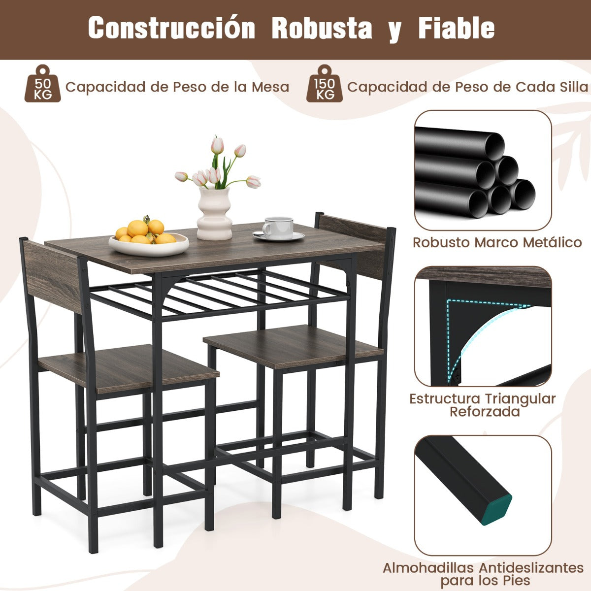 Conjunto de Mesa e 2 Cadeiras de Jantar Cinzento com Prateleira 80x52,5cm — foto 5